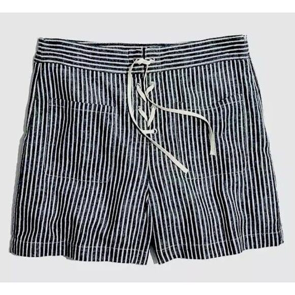 Madewell Jean Blue Off White Striped High Waist Patch Pockets Lace-Up Shorts 4 - Picture 1 of 15